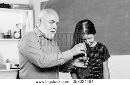 Educative Activity. Little Girl With Man Tutor Study. Experienced Pedagogue. Teaching Kid. Teacher H