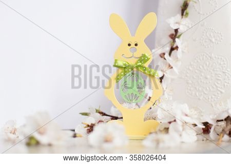 Easter Wooden Yellow Rabbit With Aprocot Blossom
