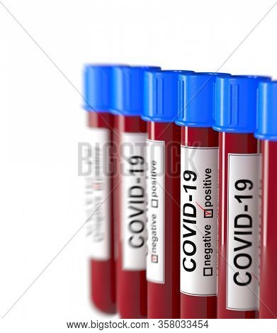 3D illustration of blood test tubes with positive COVID-19 test and copy space. Concept for laboratory sample of blood testing for diagnosis of the new Corona virus infection with selective focus.