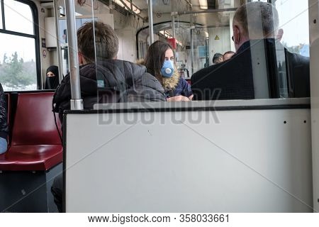 Istanbul, Turkey - 22 March, 2020:  A Turkish Woman Wearing Protective Face Mask In Metro Amid Coron