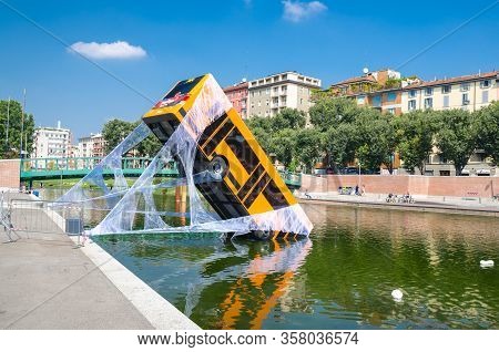 Milan, Italy, September 9, 2018: Bus Partially Immersed In Lake, Fell Into River And Kept On Web, Sp