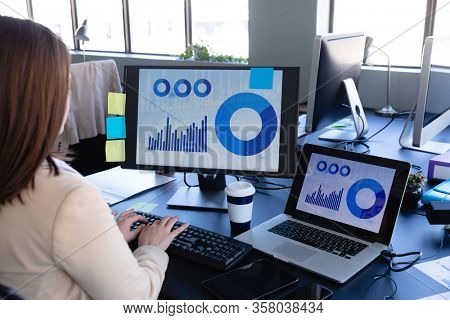 Rear view of a Caucasian woman working in the modern office, sitting by a desk and using a desktop computer and laptop showing data charts. Social distancing and self isolation in quarantine lockdown