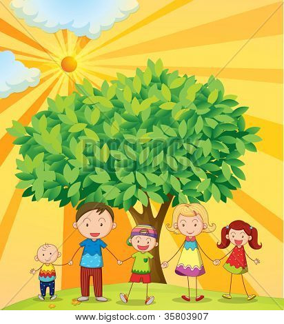 Illustration der Familie Hand in Hand unter dem Baum