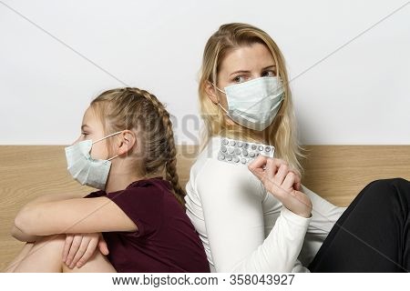Daughter With Mom In Surgical Masks. Family With Kids In Face Mask Ffp1. Virus And Illness Protectio