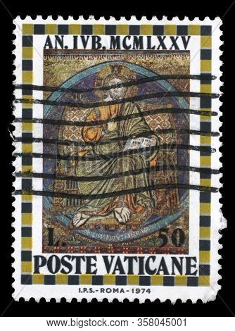 ZAGREB, CROATIA - JUNE 25, 2014: A stamp issued in Vatican shows Christ Enthroned, the Holy Year, circa 1974.