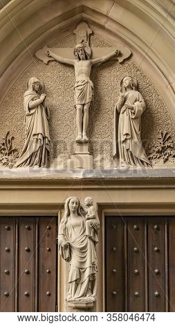Christian Church Portal In Detail Of St. Laurentius Church In Saarburg