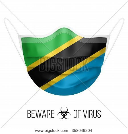 Medical Mask With National Flag Of Tanzania As Icon On White. Protective Mask Virus And Flu. Surgery