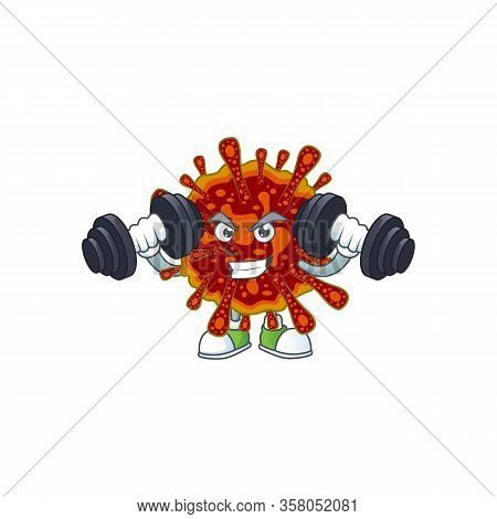 Mascot Design Of Grinning Fitness Exercise Deadly Coronvirus Lift Up Barbells