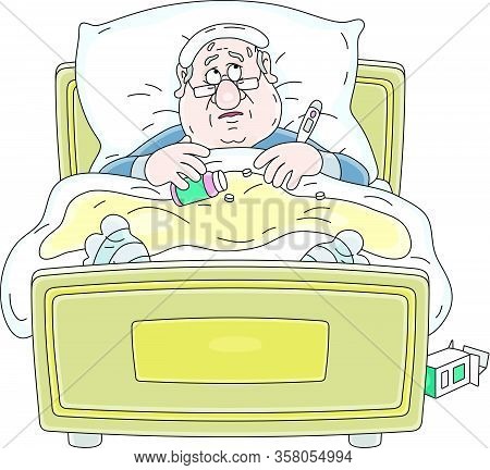 Sad Sick Man Having Flu, Measuring Temperature With A Thermometer, Taking Different Pills And Lying 