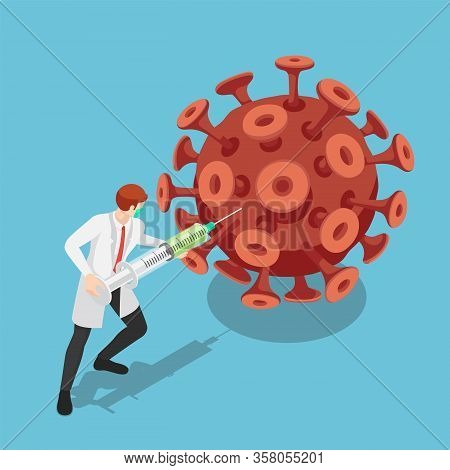 Flat 3d Isometric Doctor Carrying Big Syringe Inject Vaccine To Covic-19 Virus Or Coronavirus. Treat
