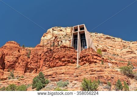 SEDONA, ARIZONA - APRIL 13, 2018: The Chapel of the Holy Cross in sedona. The  Roman Catholic chapel was built into the  buttes of Sedona in 1957.