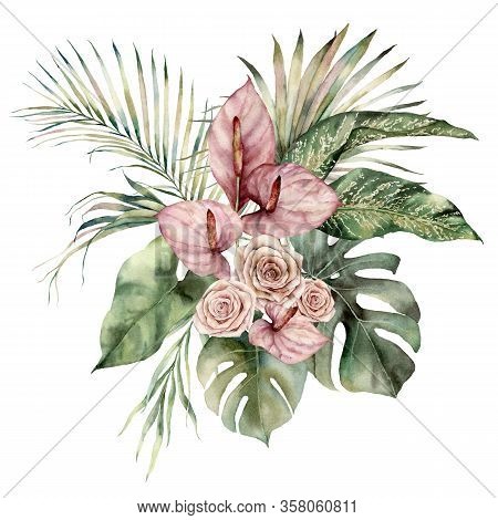 Watercolor Tropic Bouquet With Anthurium, Roses And Palm Leaves. Hand Painted Card With Flowers Isol