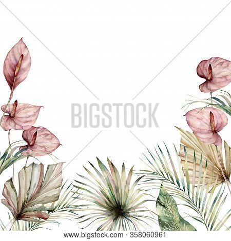 Watercolor Tropic Border With Anthurium And Palm Leaves. Hand Painted Frame With Flowers And Plant I