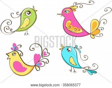 Set Of Decorative Birds On A White Background