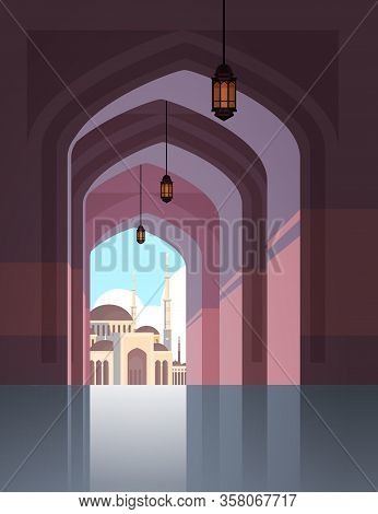 Nabawi Mosque Building Architecture Exterior View Through An Arch Religion Concept Muslim Cityscape 