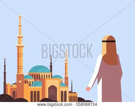 Arab People Coming To Nabawi Mosque Building Ramadan Kareem Holy Month Religion Concept Rear View Ar