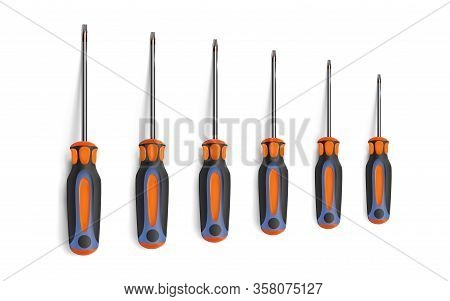 Set Torx Screwdrivers Isolated On White Background. Chrome Objects Top View. Vector Illustration Eps