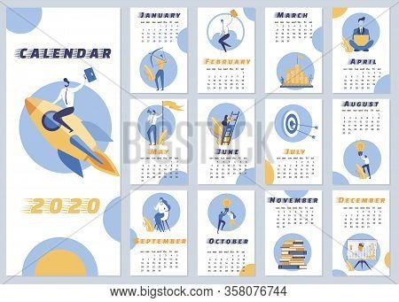 Inscription Calendar 2020 Vector Illustration. Calendar Layout For Year. Male Office Worker Flies On