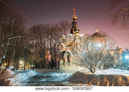 Gomel, Belarus. City Park In Winter Night. Chapel-tomb Of Paskevich 1870-1889 Years In City Park. Ru