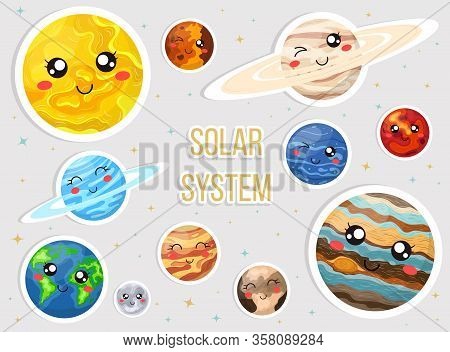 Solar System With Cute Cartoon Planets. Cute Planets With Funny Faces Sticker Set. Vecrtor Illustrat