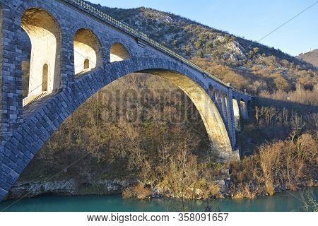The Solkan Bridge Over The Soca River, Near Solkan, Near Nova Gorica In Primorska, Western Slovenia.