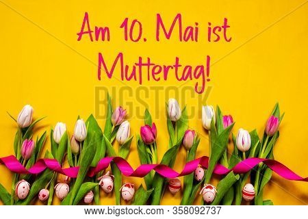 Colorful Tulip, Danke Muttertag Means Mothers Day, Easter Egg, Yellow Background