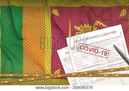 Sri Lanka Flag And Health Insurance Claim Form With Covid-19 Stamp. Coronavirus Or 2019-ncov Virus C