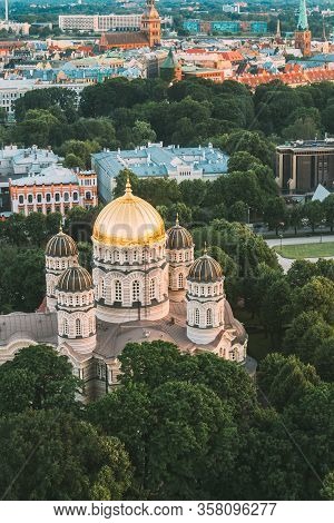Riga, Latvia - July 2, 2016: Riga Cityscape. Top View Of Riga Nativity Of Christ Cathedral - Famous 