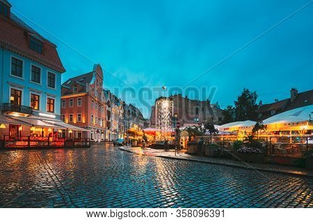 Riga, Latvia - July 3, 2016: Open Air Leisure Venue Recreation Center Egle In Evening Or Night Illum