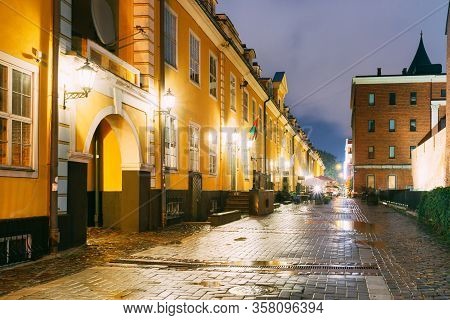 Riga, Latvia - July 3, 2016: Facades Of Old Famous Jacobs Barracks And Part Of Old The City Wall In 