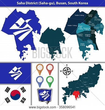 Vector Map Of Saha District Or Gu Of Busan City In South Korea With Flags And Icons