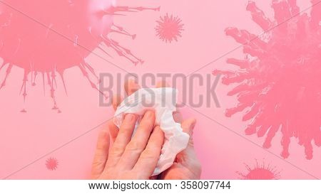 Ncov Outbreak. Coronavirus Quarantine. Man Wiping Hands With Tissue Over Pink Microbe Background.