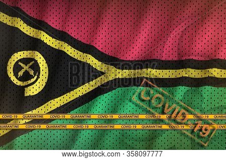 Vanuatu Flag And Orange Covid-19 Stamp With Border Tape. Coronavirus Or 2019-ncov Virus Concept