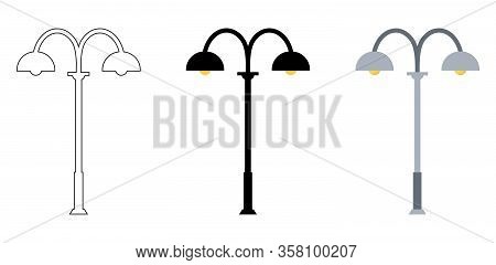 Outline, Black Silhouette, Cartoon Streen Lights Set Isolated On White Background. Vintage Street Li