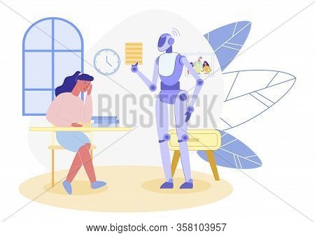 Smart Robot, Caring After School Age Girl, Helping Her With Home Task. Android, Commenting Its Charg