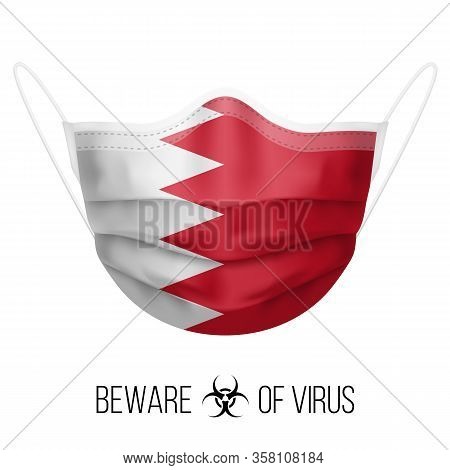 Medical Mask With National Flag Of Bahrain As Icon On White. Protective Mask Virus And Flu. Surgery 