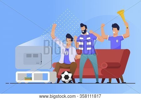Advertising Flyer Sports Fans At Home Cartoon Flat. Sharing Time Is Reduced To Watching Television. 
