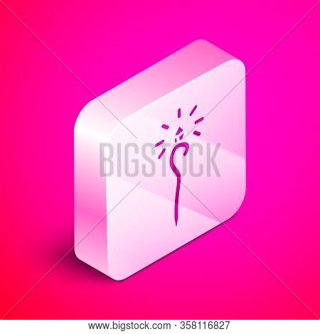 Isometric Magic Staff Icon Isolated On Pink Background. Magic Wand, Scepter, Stick, Rod. Silver Squa