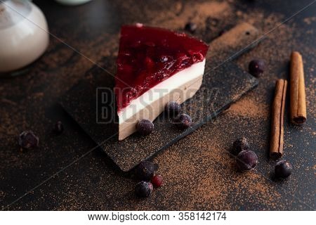 Diet Layered Dessert Blancmange Made From Soy Milk, Carob And Fruit Jelly With Cherry And Black Curr