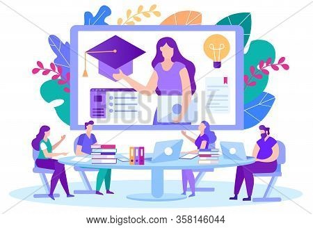 Certificate At End Distance Courses Illustration. Men And Women Sitting Table And Coming Up With New