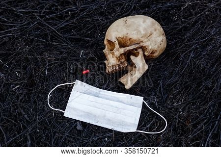 A Human Skull On A Black Background Of Burnt Grass With Red Capsules Of Medical Drugs. A Symbol Of H