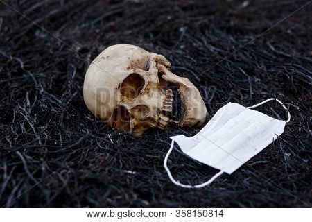 A Human Skull On A Black Background Of Burnt Grass With Red Capsules Of Medical Drugs. A Symbol Of H