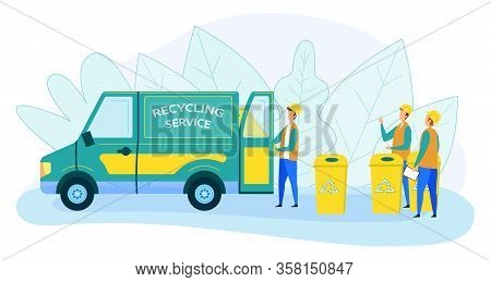Municipal Recycling Service Workers Wearing Uniform And Helmet Loading Litter Bins To Garbage Truck 