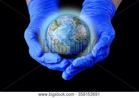 Planet Earth In The Palms, Palms In Medical Gloves, A Healthy Planet Full Of Energy, Virus, Coronovi