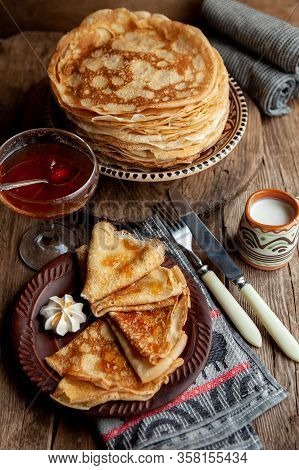 A Stack Of Thin Pancakes On A Plate. Homemade Pastries. Pancakes For Breakfast. Appetizing Food. Thi