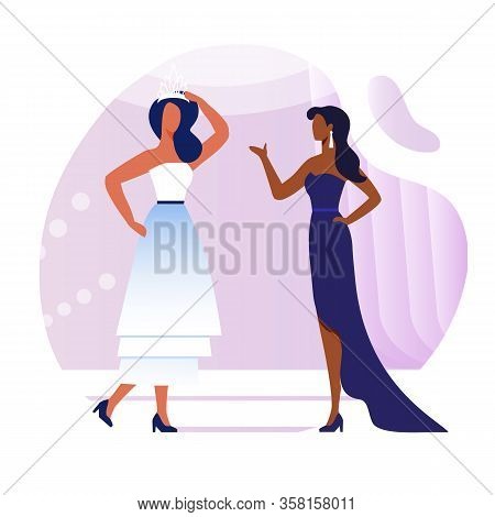 Young Models Conversation Flat Vector Illustration. Elegant Women In Fashionable Dresses Cartoon Cha