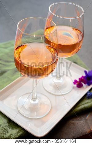 French Rose Wine From Provence In Two Glasses In Sunny Day
