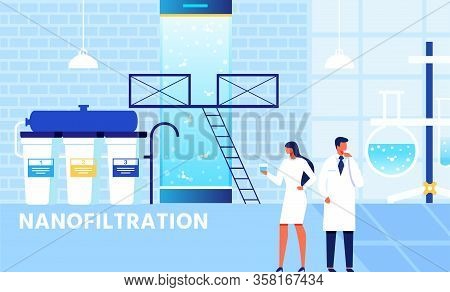 Factory Nanofiltration System. Cartoon Scientists Team Test Nanofilter Work Results Drinking Purifie