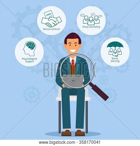Man In Blue Suit With Laptop Sits On Chair. Vector Illustration. Explore Workflow. Hr Manager. Recru