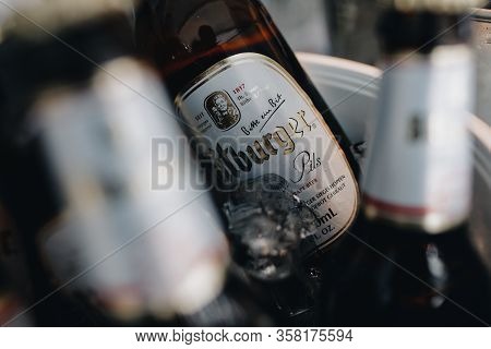 Sochi, Russia - March 18, 2020: Bitburger Beer Bottles In A Bucket With Ice During A Catering Event.